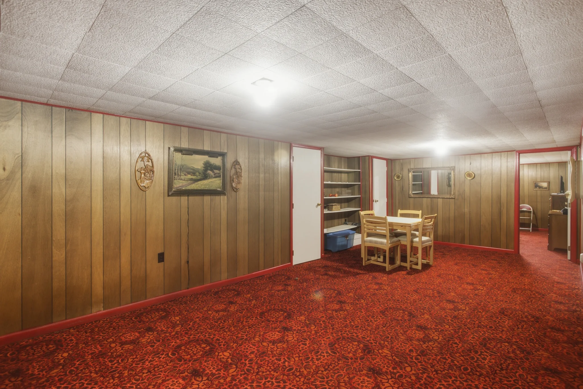Finished basement recreation area with built-in bookcase